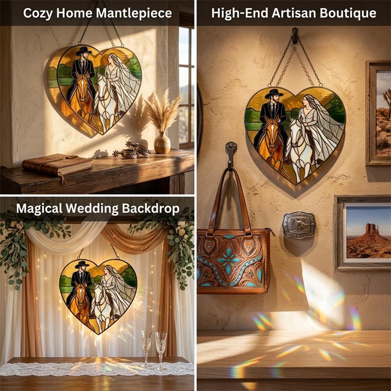 Bride and Groom Horse Heart Glass Suncatcher