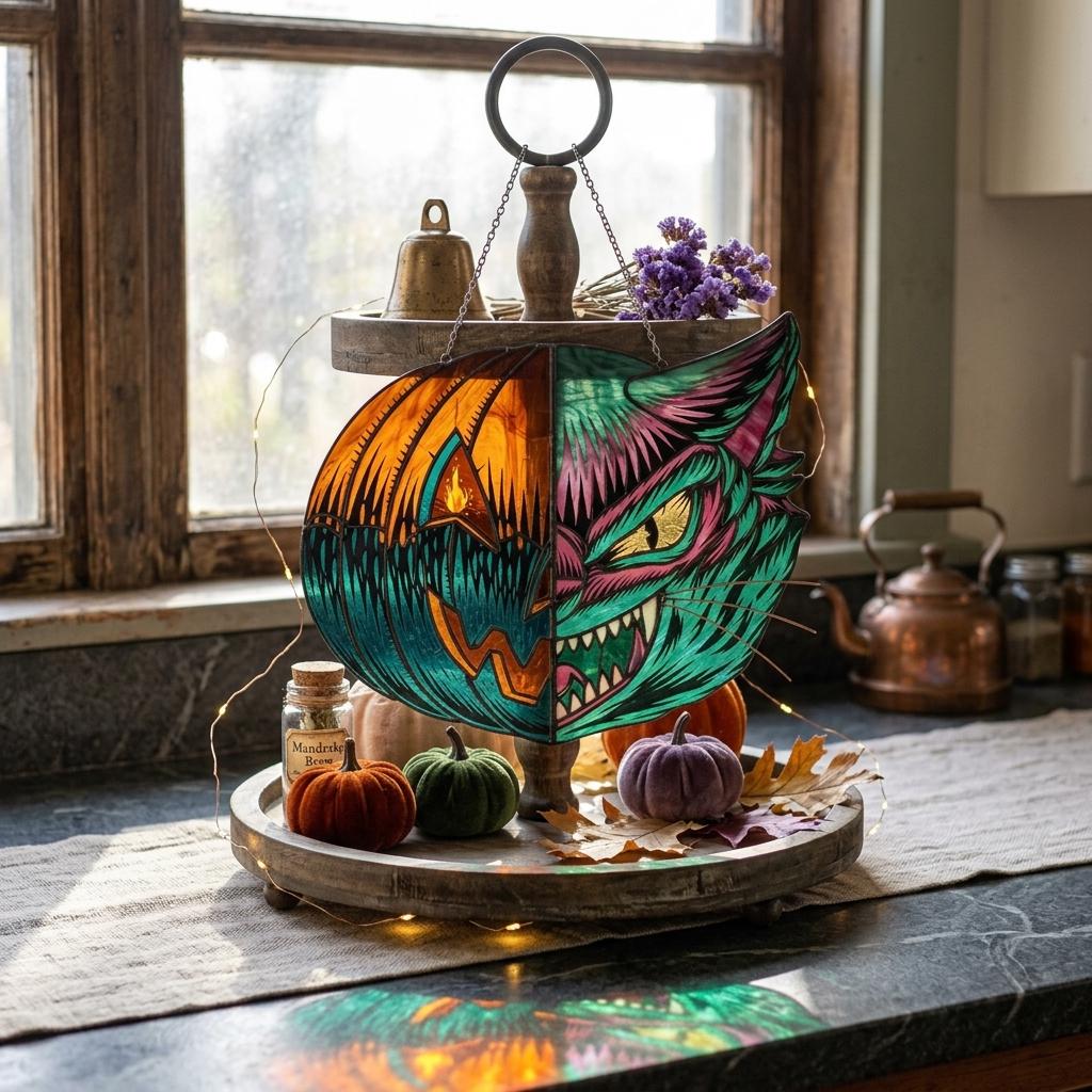 Split-Face Pumpkin Cat Glass Suncatcher