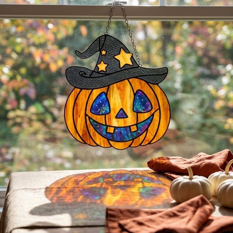 Witch Hat Pumpkin Glass Suncatcher