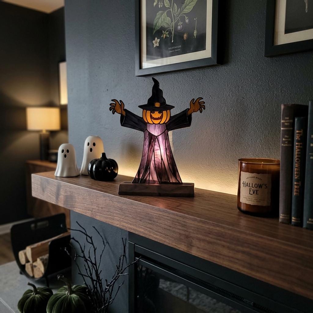 Pumpkin Witch Scarecrow Glass Decor