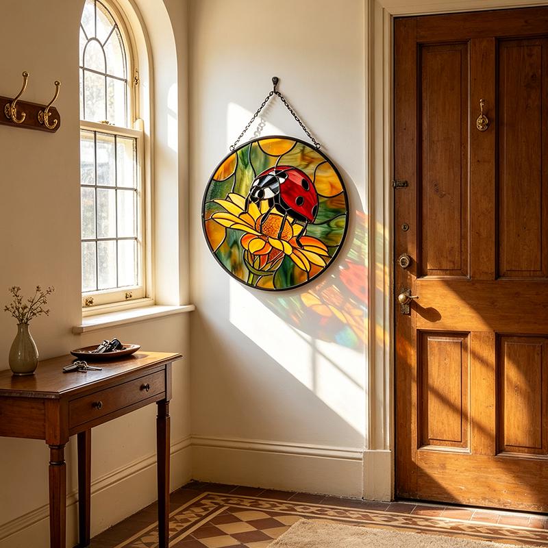 Ladybug Chrysanthemum Glass Suncatcher