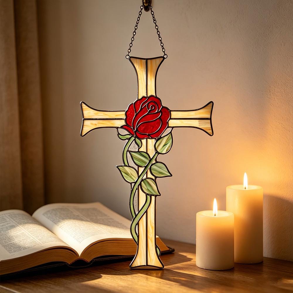 Red Rose Cross Glass Art