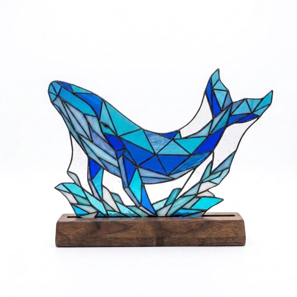 Geometric Whale and Waves Glass Decor