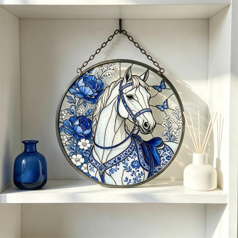 Blue Floral Horse Glass Suncatcher