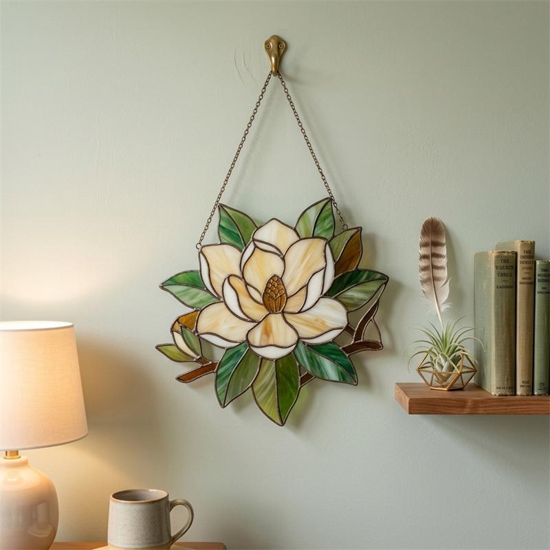 White Magnolia Glass Suncatcher