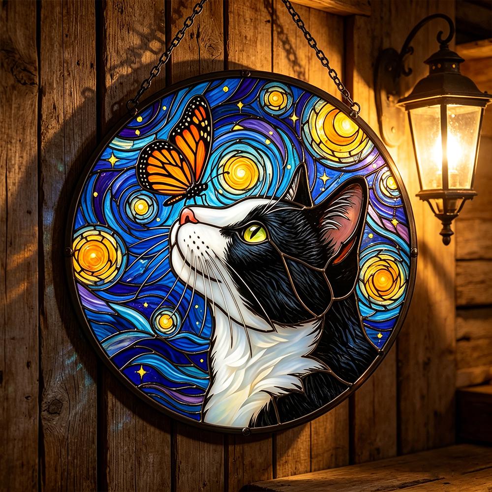 Starry Cat and Butterfly Glass Art