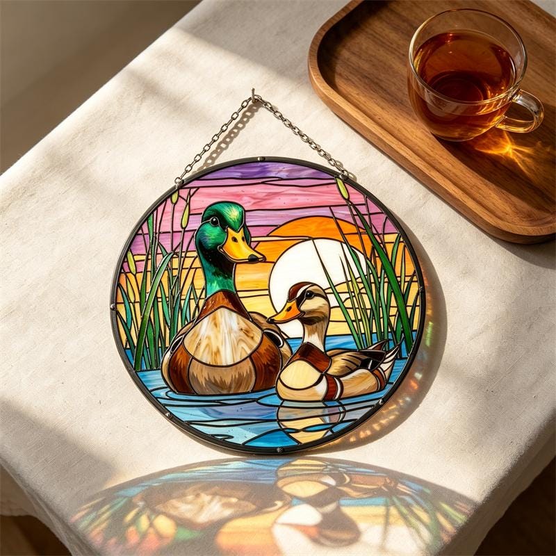Sunset Duck Couple Glass Wall Hanging