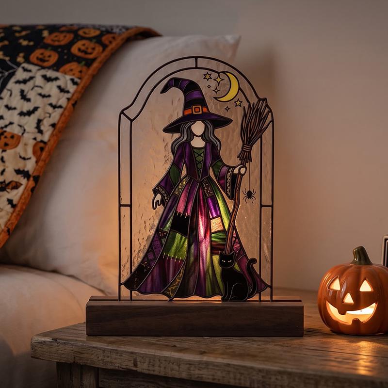 Witch and Black Cat Glass Decor