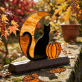 Black Cat Moon and Pumpkin Glass Decor