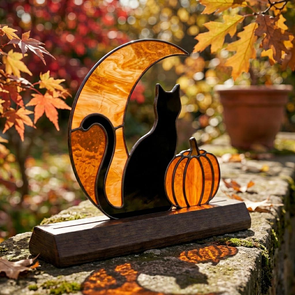 Black Cat Moon and Pumpkin Glass Decor