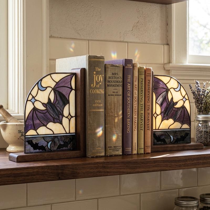 Bat and Crescent Moon Glass Bookends