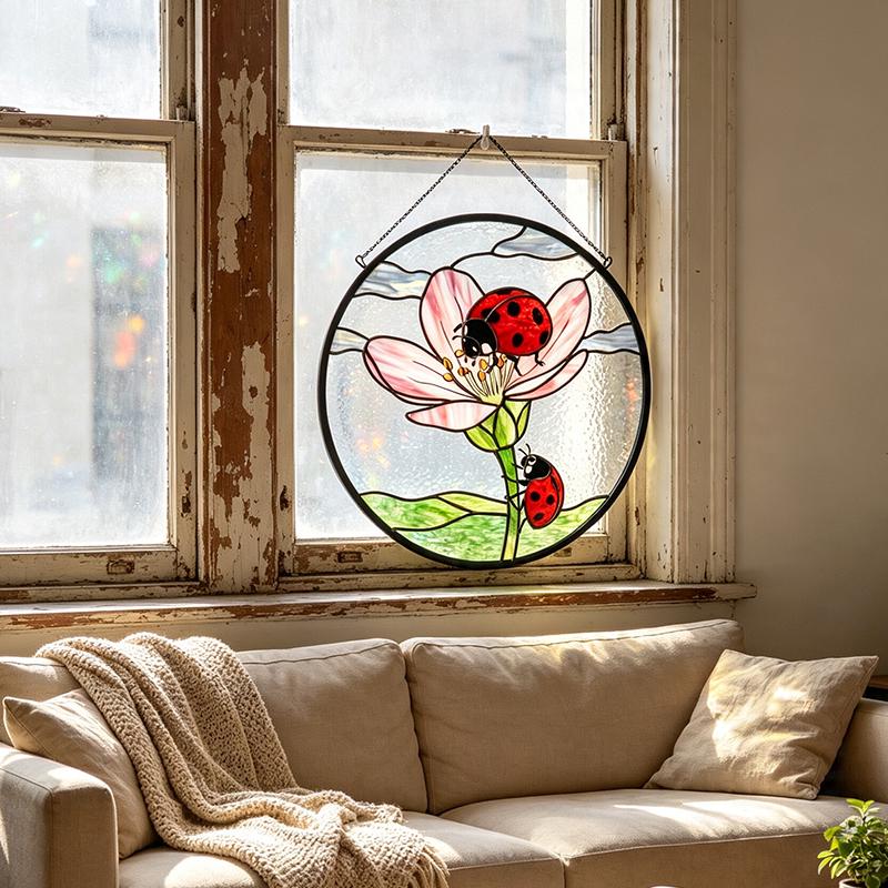 Pink Flower Ladybug Glass Suncatcher