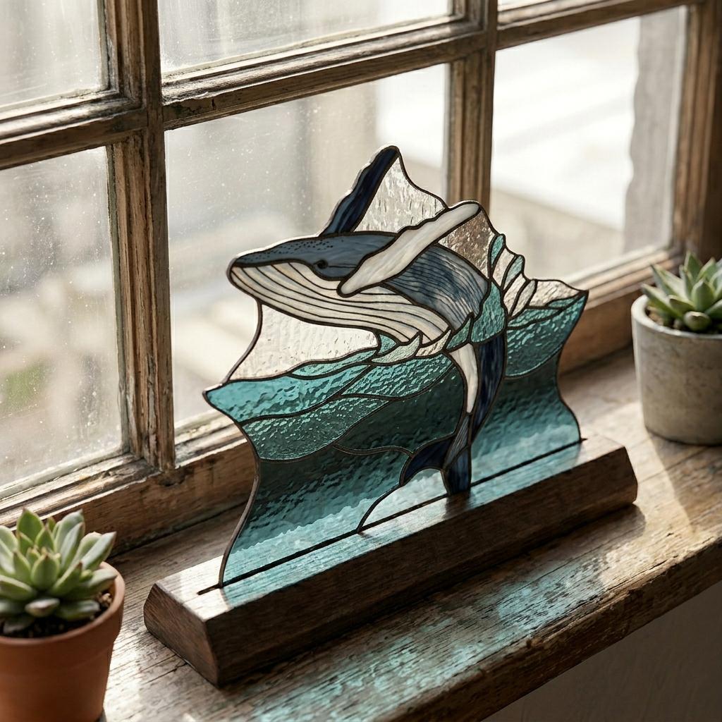 Breaching Whale and Mountain Glass Decor