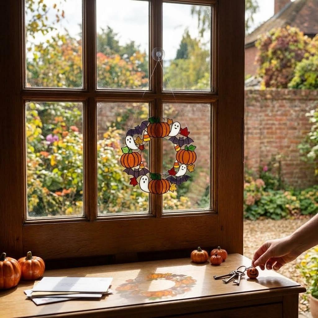 Ghost and Pumpkin Wreath Glass Suncatcher