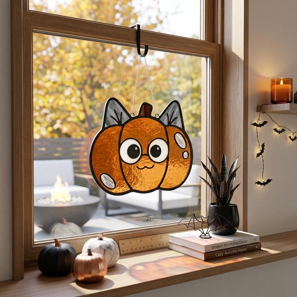 Cat Pumpkin Glass Suncatcher