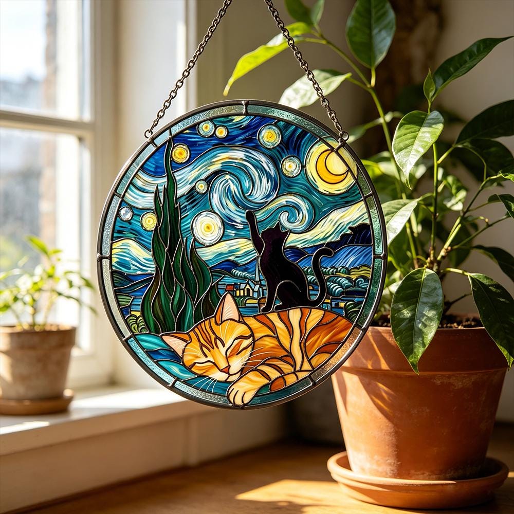 Starry Night Cats Glass Art