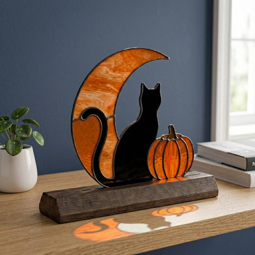 Black Cat Moon and Pumpkin Glass Decor