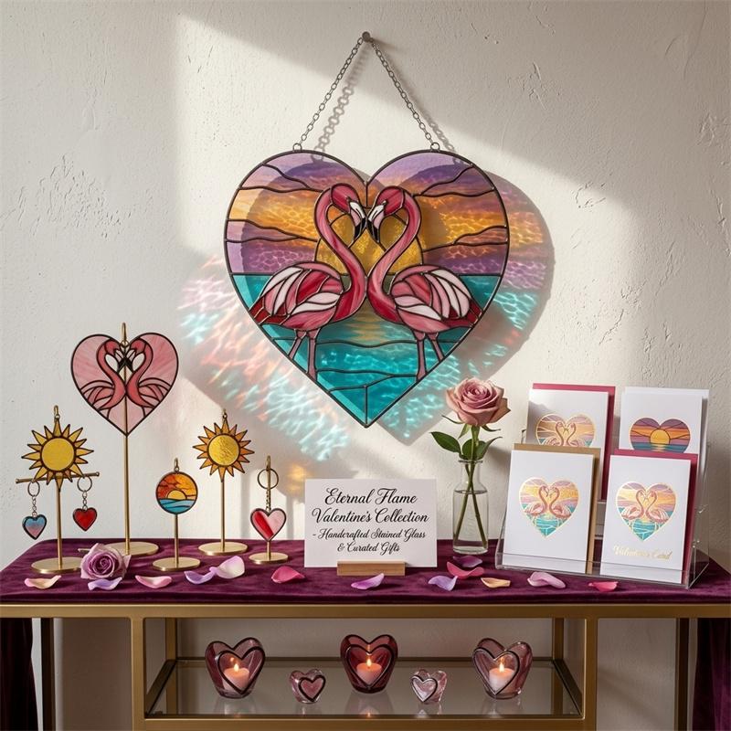 Flamingo Heart Glass Suncatcher