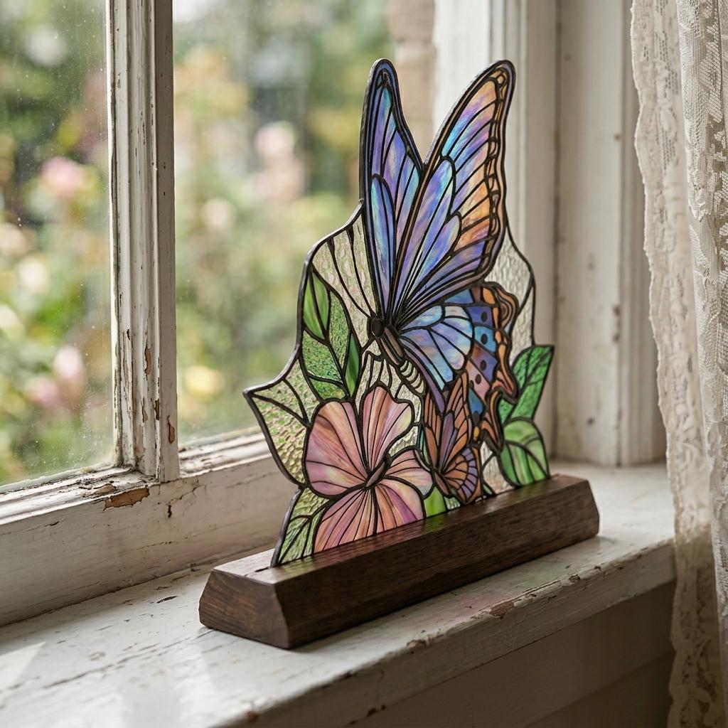 Blue Butterfly Garden Glass Decor