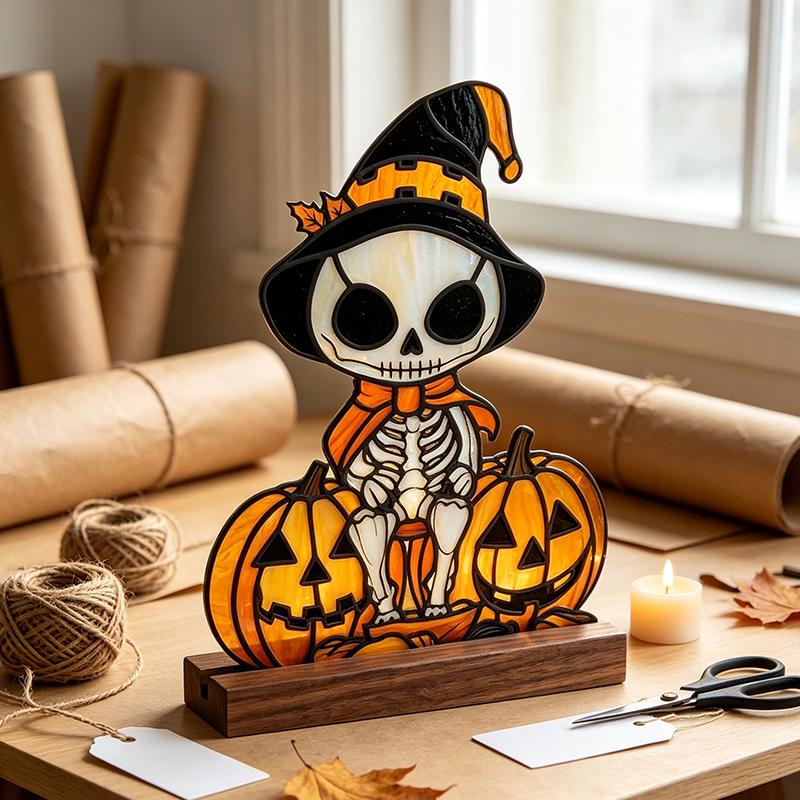 Skeleton Pumpkin Glass Decor