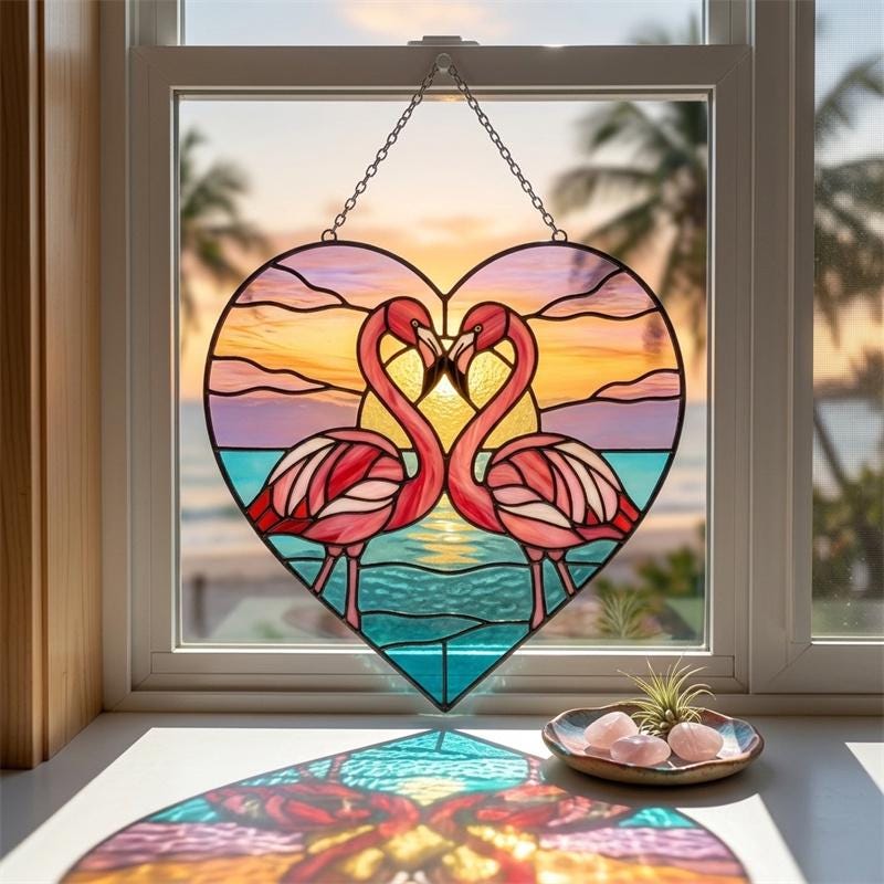 Flamingo Heart Glass Suncatcher