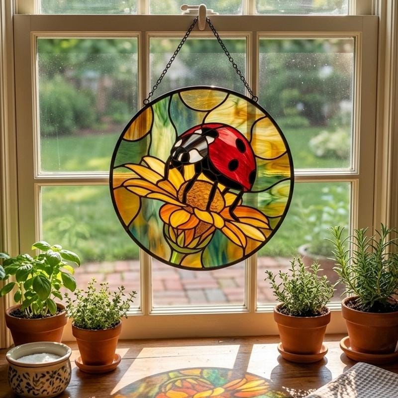 Ladybug Chrysanthemum Glass Suncatcher