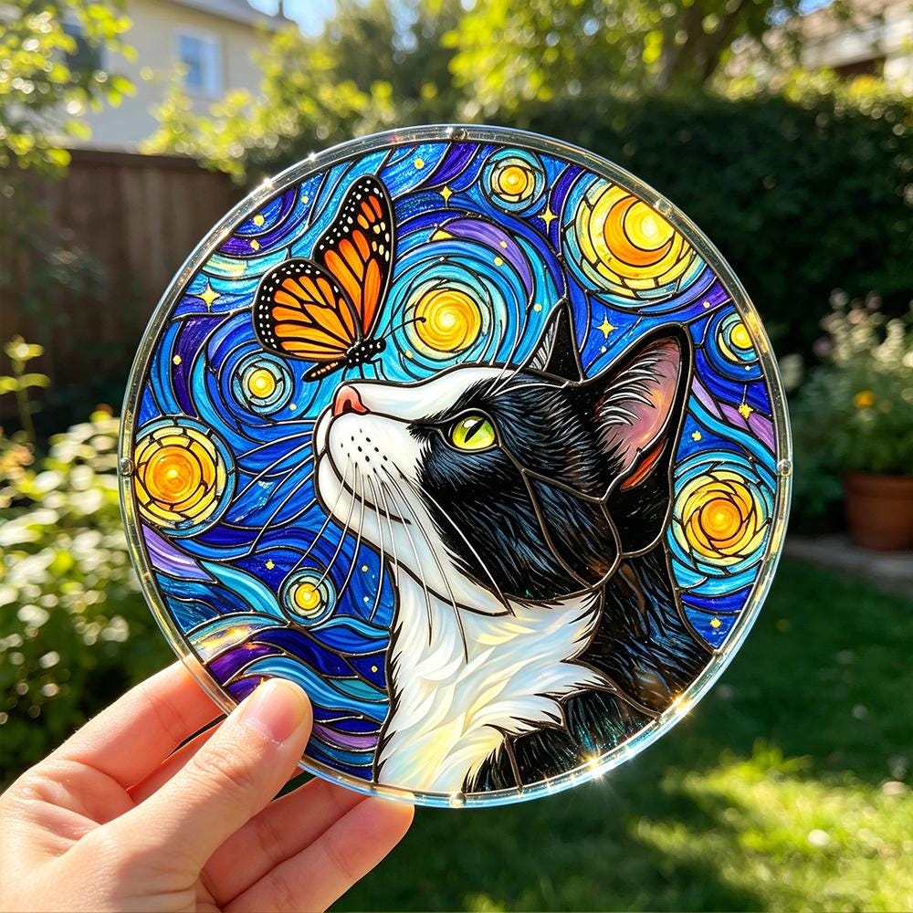 Starry Cat and Butterfly Glass Art