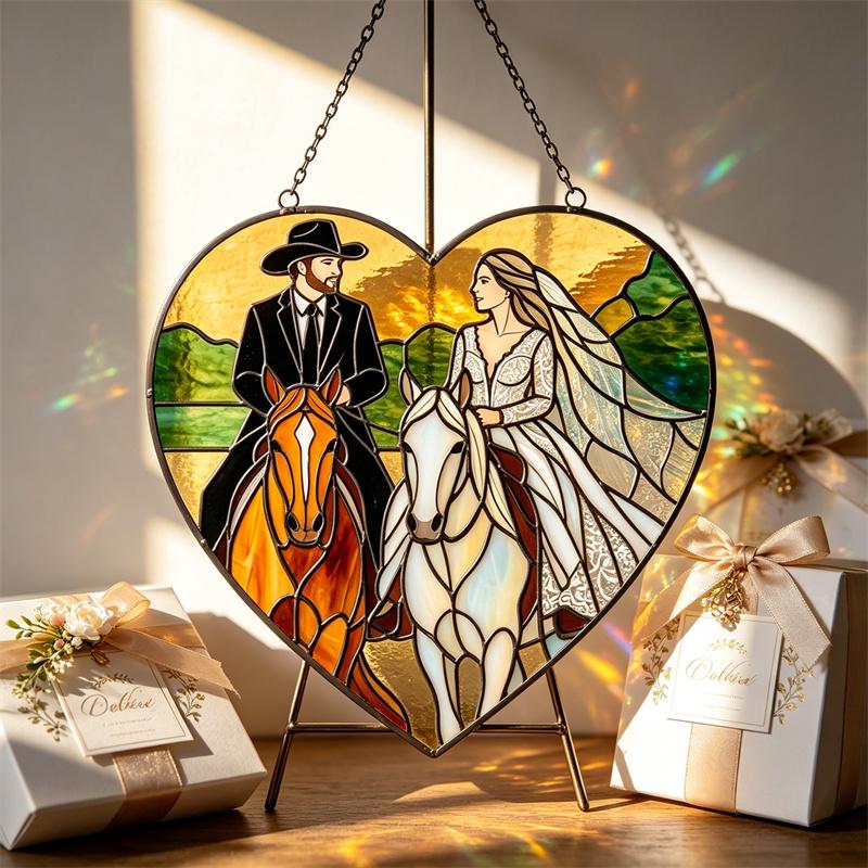 Bride and Groom Horse Heart Glass Suncatcher