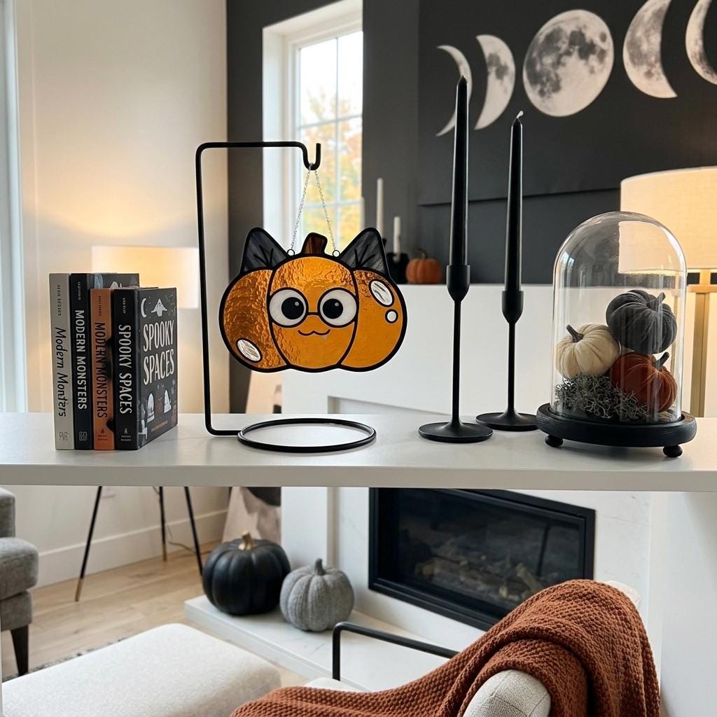 Cat Pumpkin Glass Suncatcher