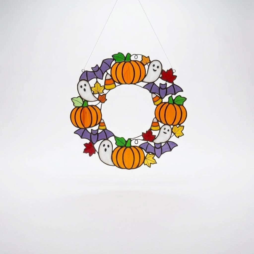 Ghost and Pumpkin Wreath Glass Suncatcher