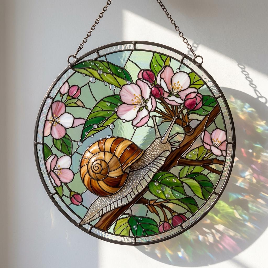 Snail Cherry Blossom Glass Suncatcher