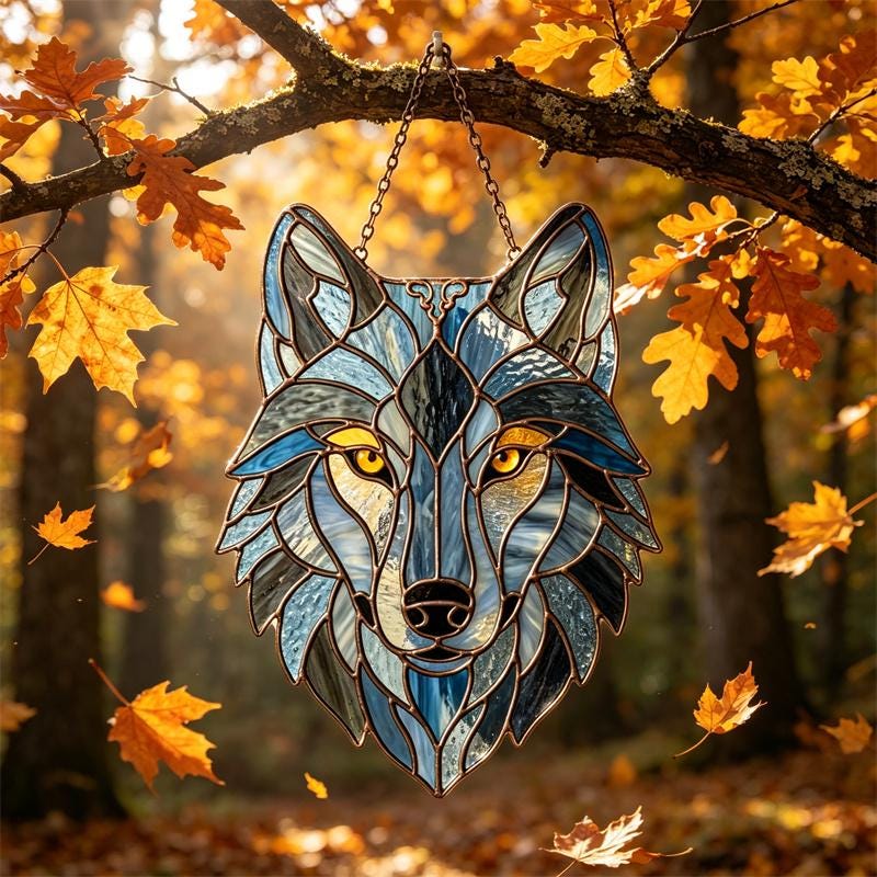 Blue and Amber Wolf Glass Suncatcher