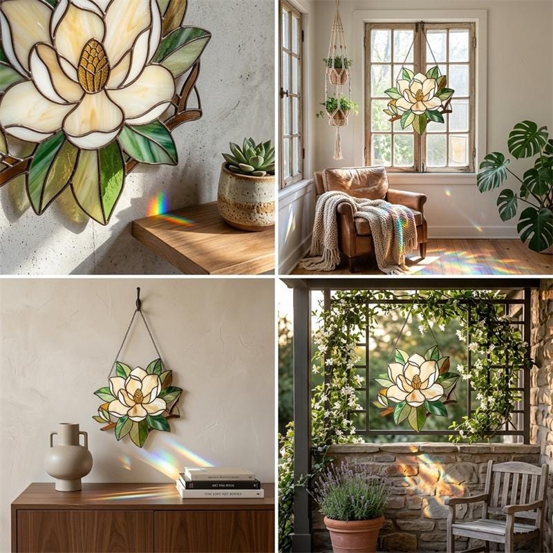 White Magnolia Glass Suncatcher