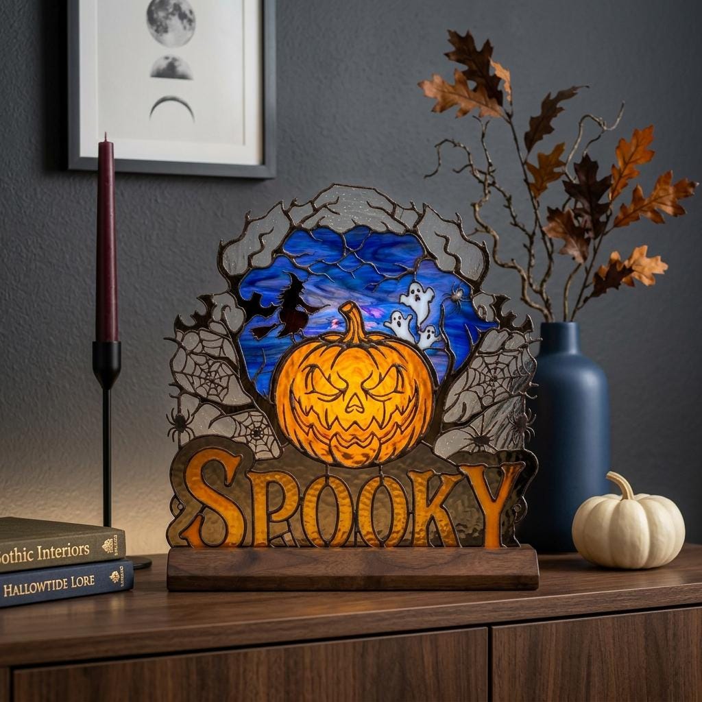 Witch and Ghost Pumpkin Glass Decor