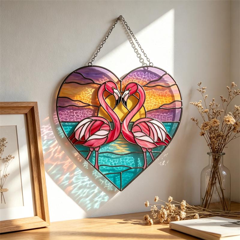 Flamingo Heart Glass Suncatcher