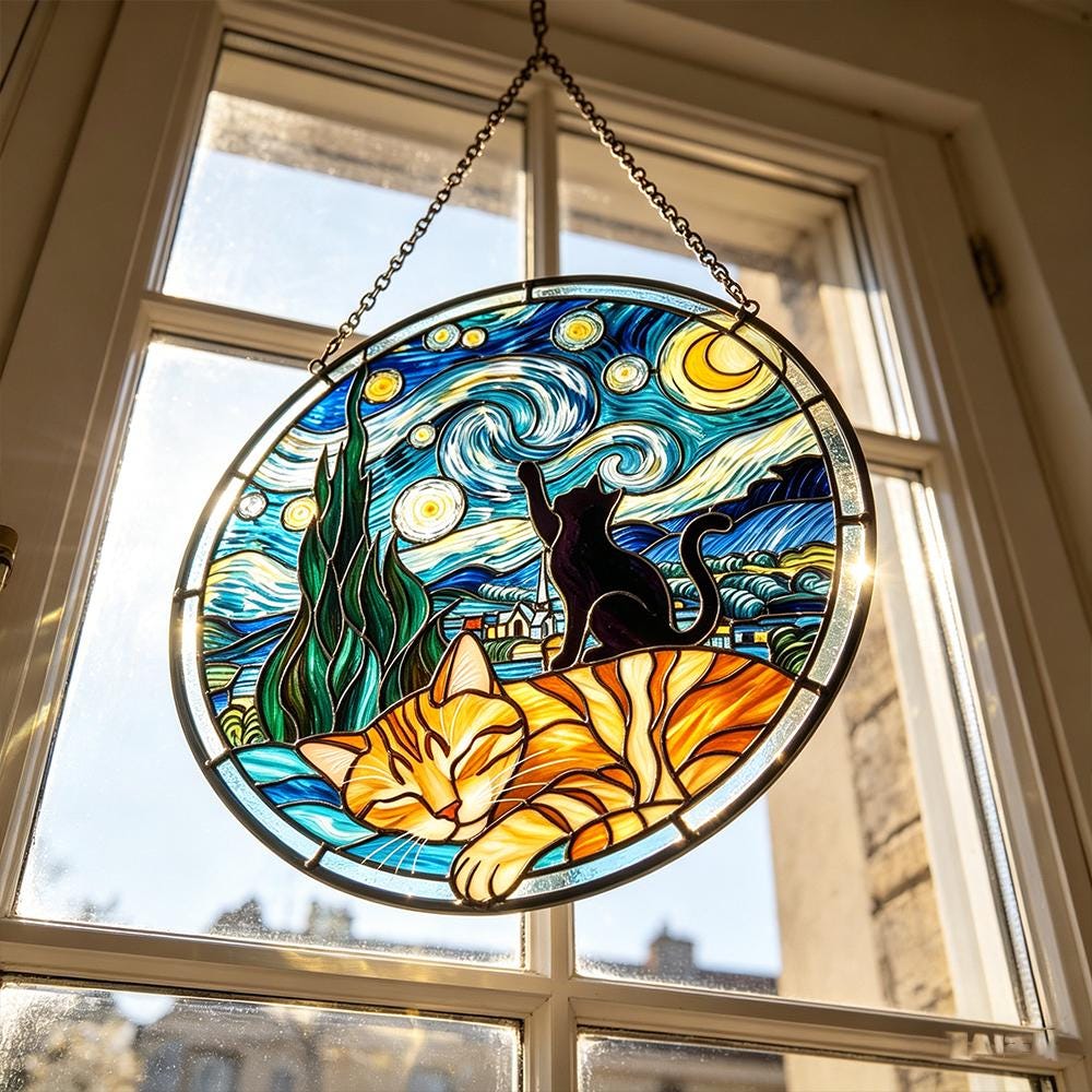 Starry Night Cats Glass Art