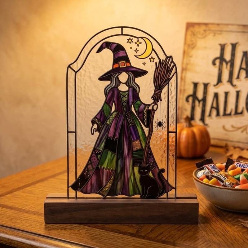 Witch and Black Cat Glass Decor