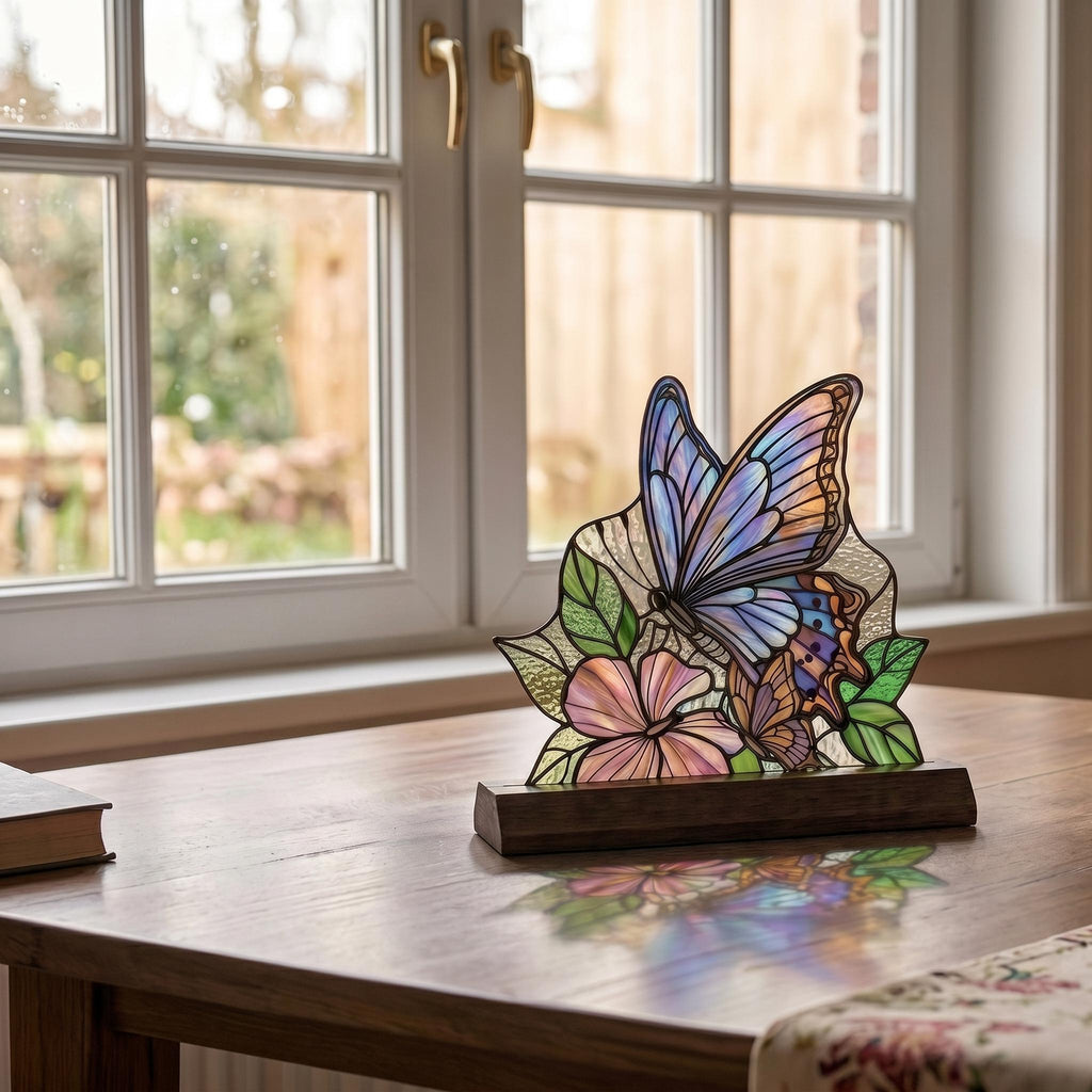 Blue Butterfly Garden Glass Decor