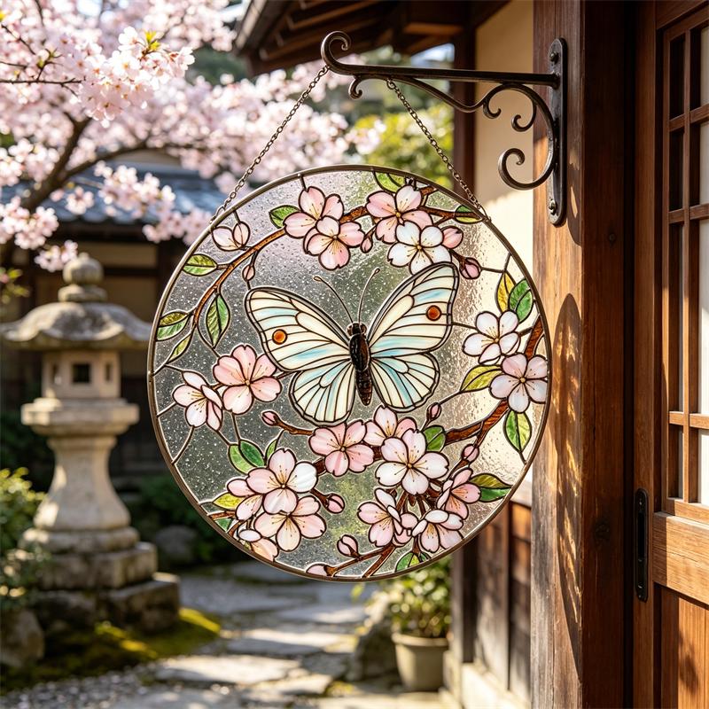 Cherry Blossom Butterfly Glass Wall Hanging