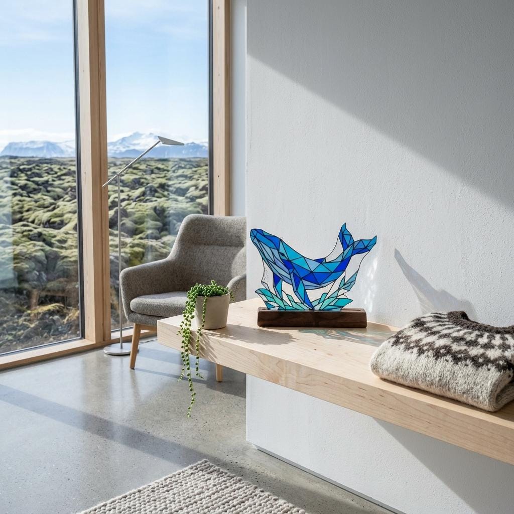 Geometric Whale and Waves Glass Decor