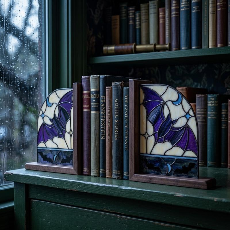 Bat and Crescent Moon Glass Bookends
