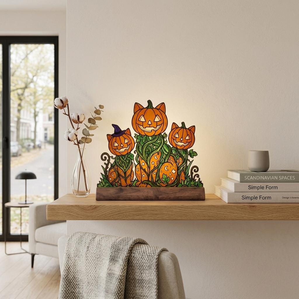 Pumpkin Cat Trio Glass Decor
