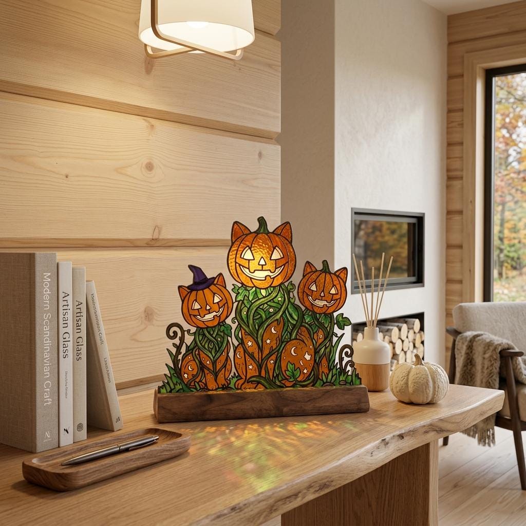 Pumpkin Cat Trio Glass Decor