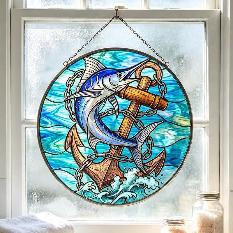 Marlin and Anchor Glass Suncatcher