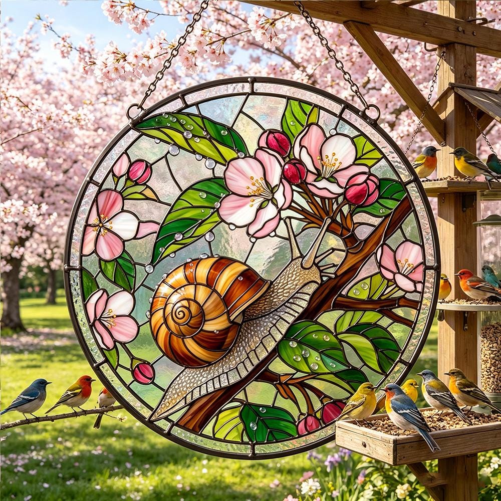 Snail Cherry Blossom Glass Suncatcher