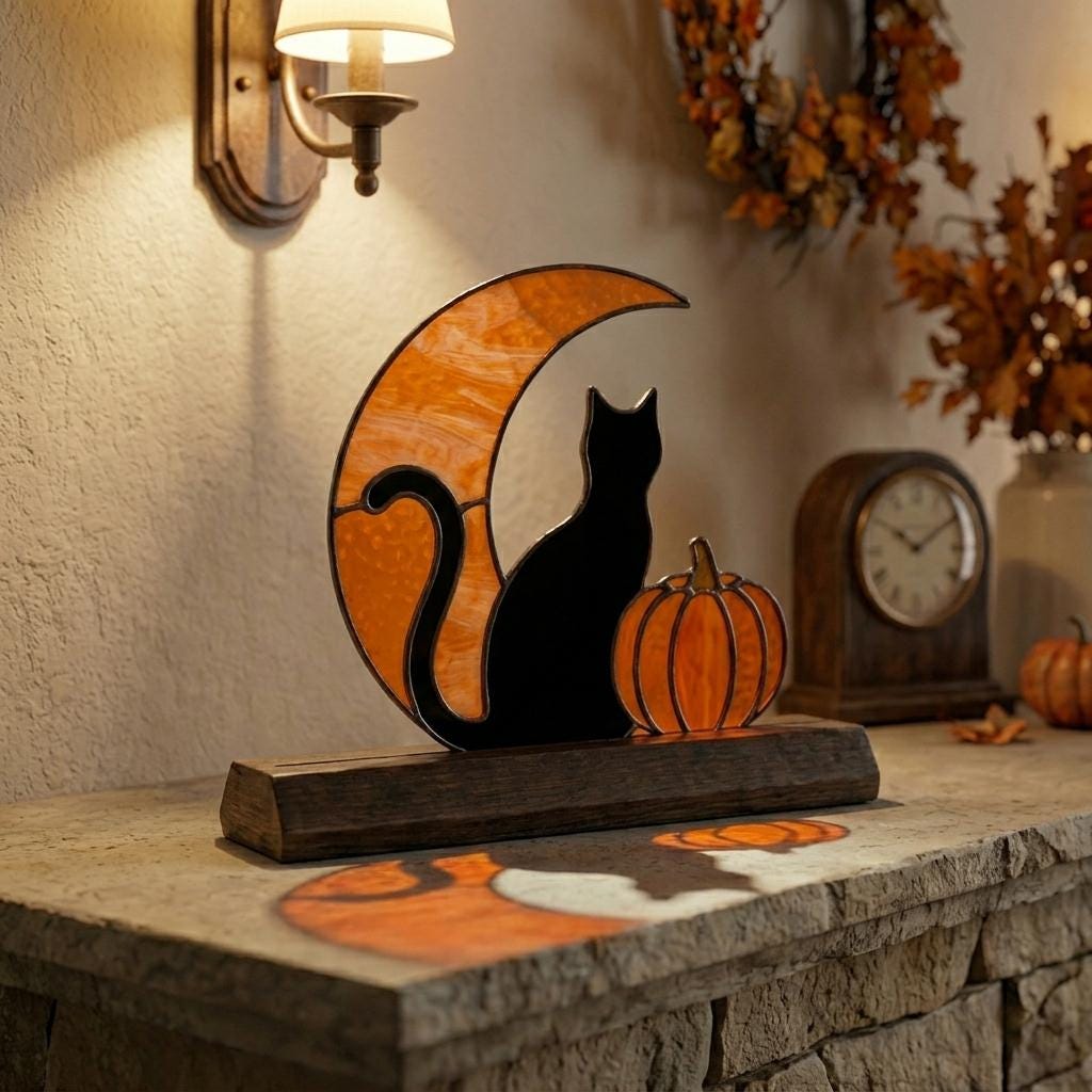 Black Cat Moon and Pumpkin Glass Decor