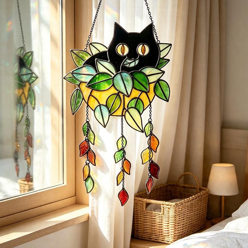 Black Cat Planter Glass Suncatcher