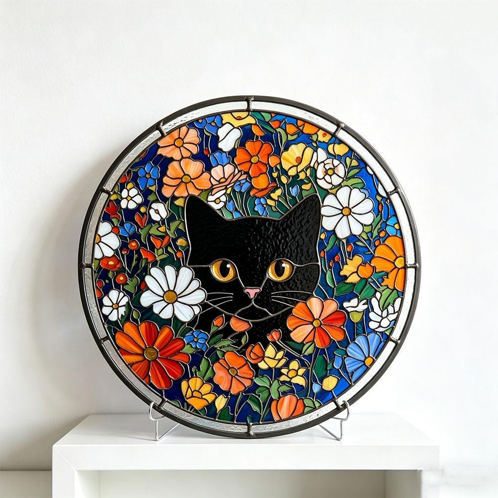 Black Cat Floral Glass Suncatcher