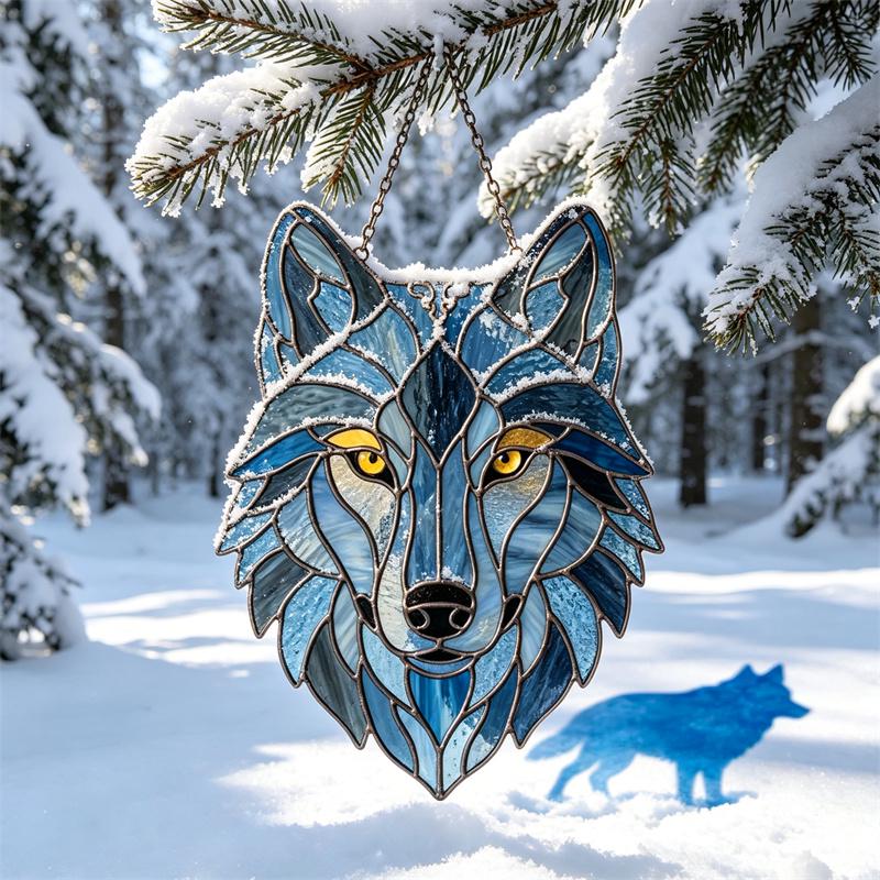 Blue and Amber Wolf Glass Suncatcher