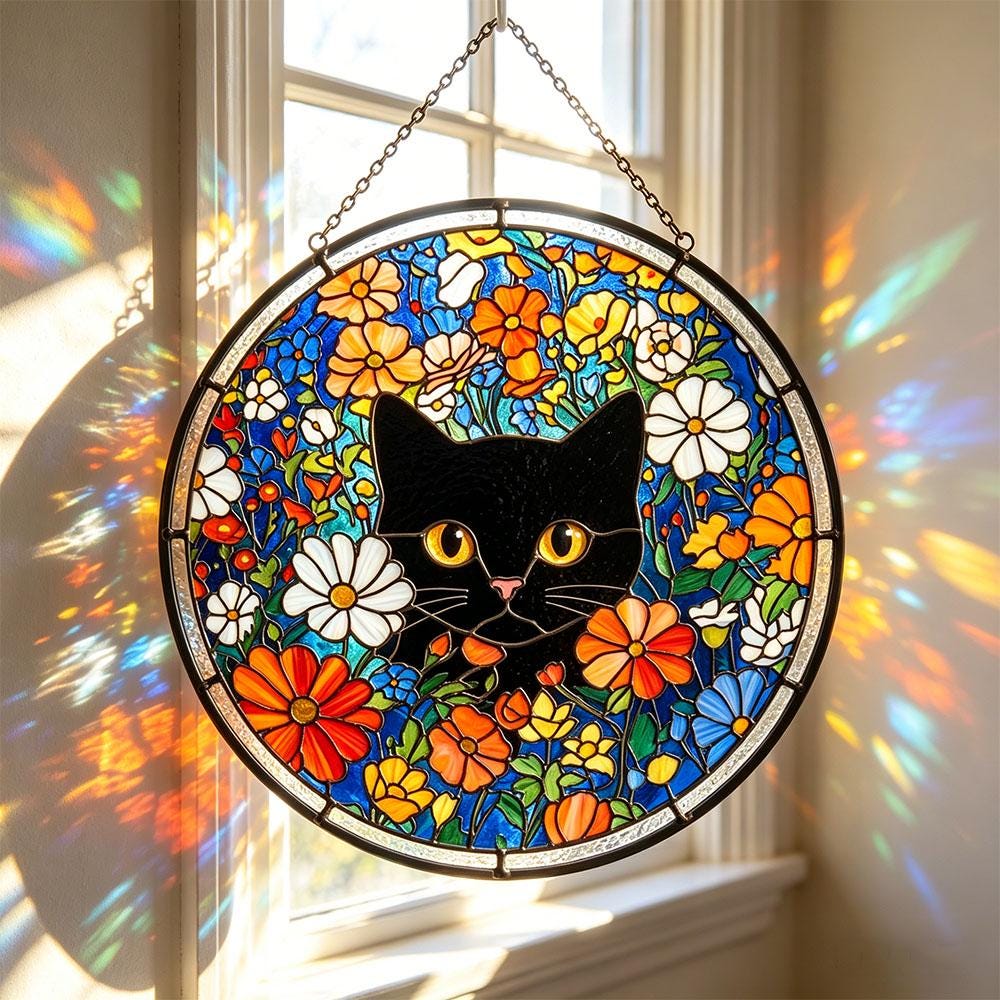 Black Cat Floral Glass Suncatcher